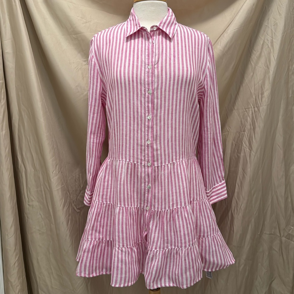 120% Lino Button Front Tiered Shirtdress